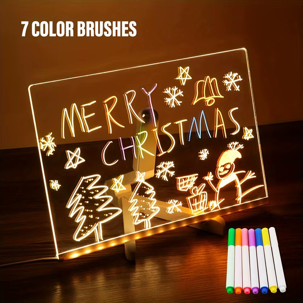 LED Light Painting DIY Acrylic Message Board Erasable Note Board with Night Light 7 Pens Colorful Drawing for Kids Birthday Gift