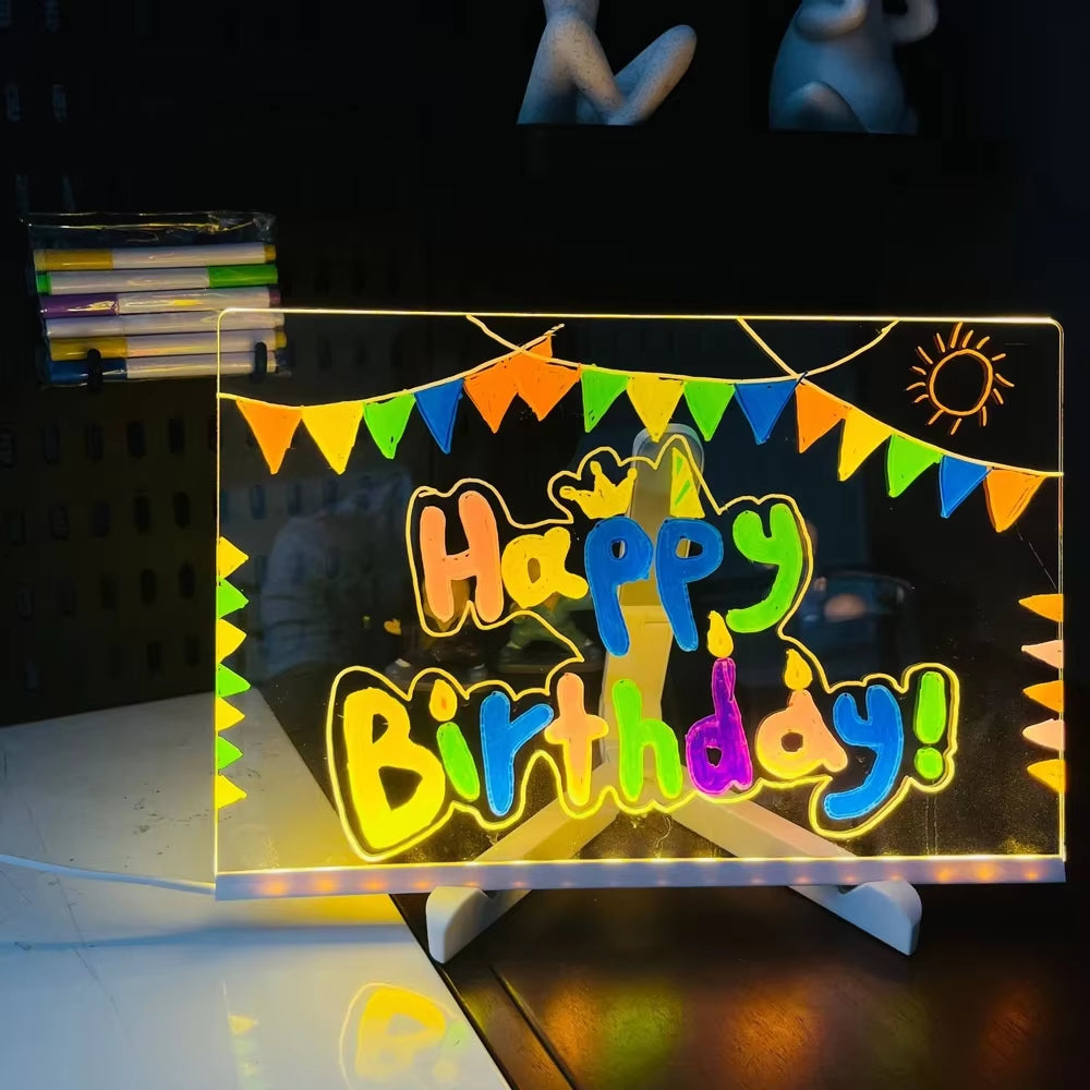 LED Light Painting DIY Acrylic Message Board Erasable Note Board with Night Light 7 Pens Colorful Drawing for Kids Birthday Gift