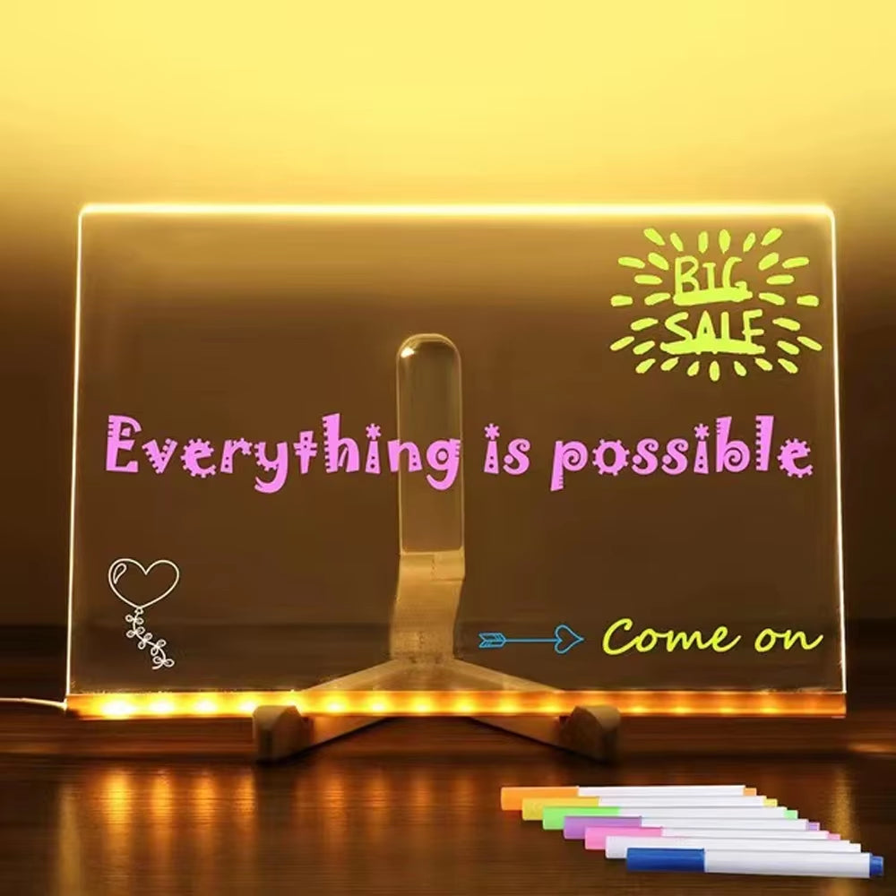 LED Light Painting DIY Acrylic Message Board Erasable Note Board with Night Light 7 Pens Colorful Drawing for Kids Birthday Gift