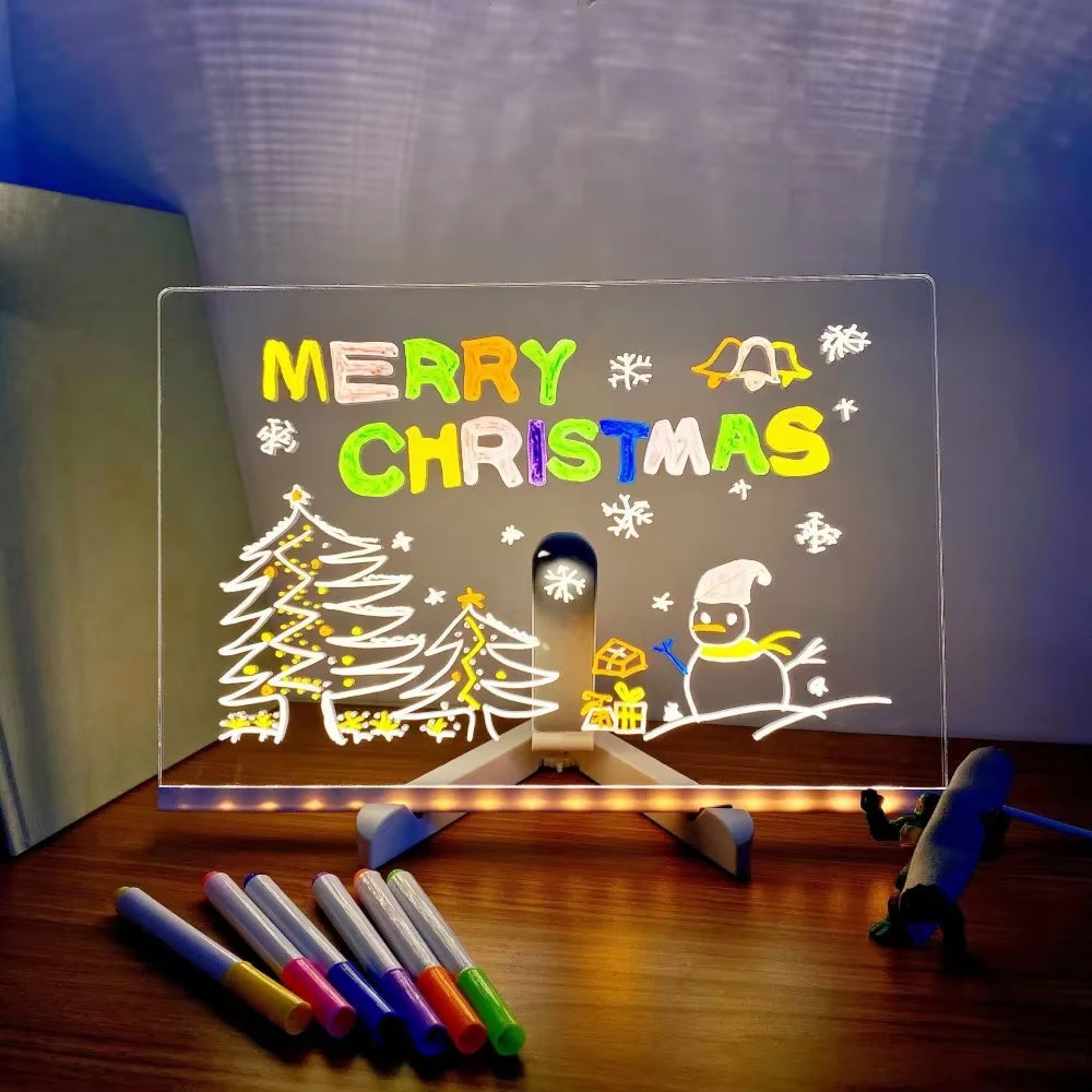 LED Light Painting DIY Acrylic Message Board Erasable Note Board with Night Light 7 Pens Colorful Drawing for Kids Birthday Gift