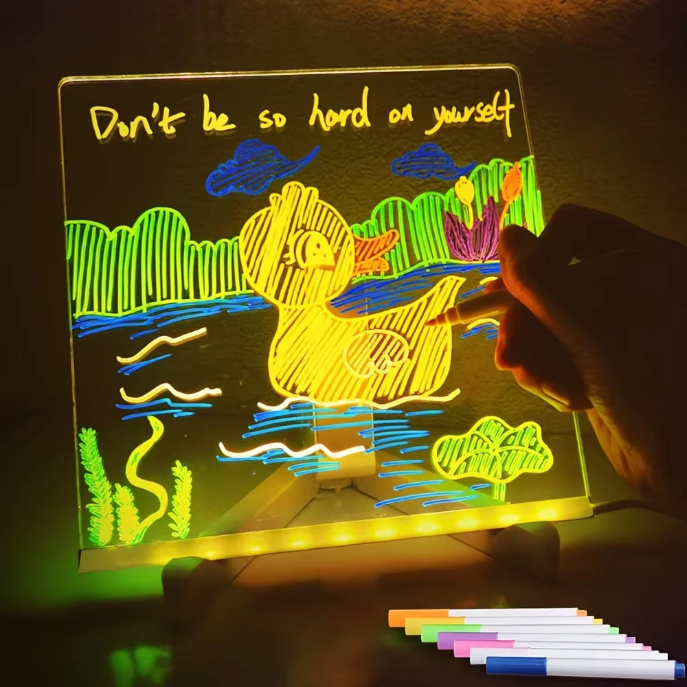 LED Light Painting DIY Acrylic Message Board Erasable Note Board with Night Light 7 Pens Colorful Drawing for Kids Birthday Gift